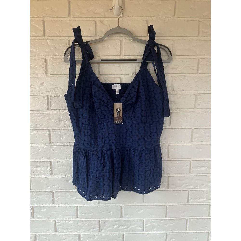 Sofia Jeans Eyelet Babydoll Tie-Strap Top Navy Blue Size XXL
